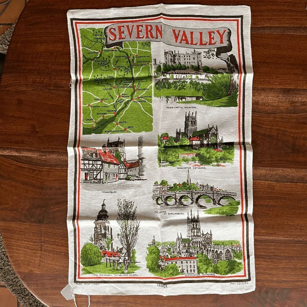 VTG Ulster Linen Tea Towel Severn Valley Map & Landmarks England 20x30